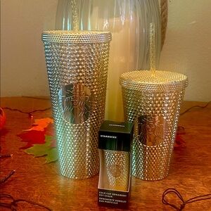 Starbucks 2021 Holiday Gold Studded Bling Edition Tumbler and Ornament/Keychain